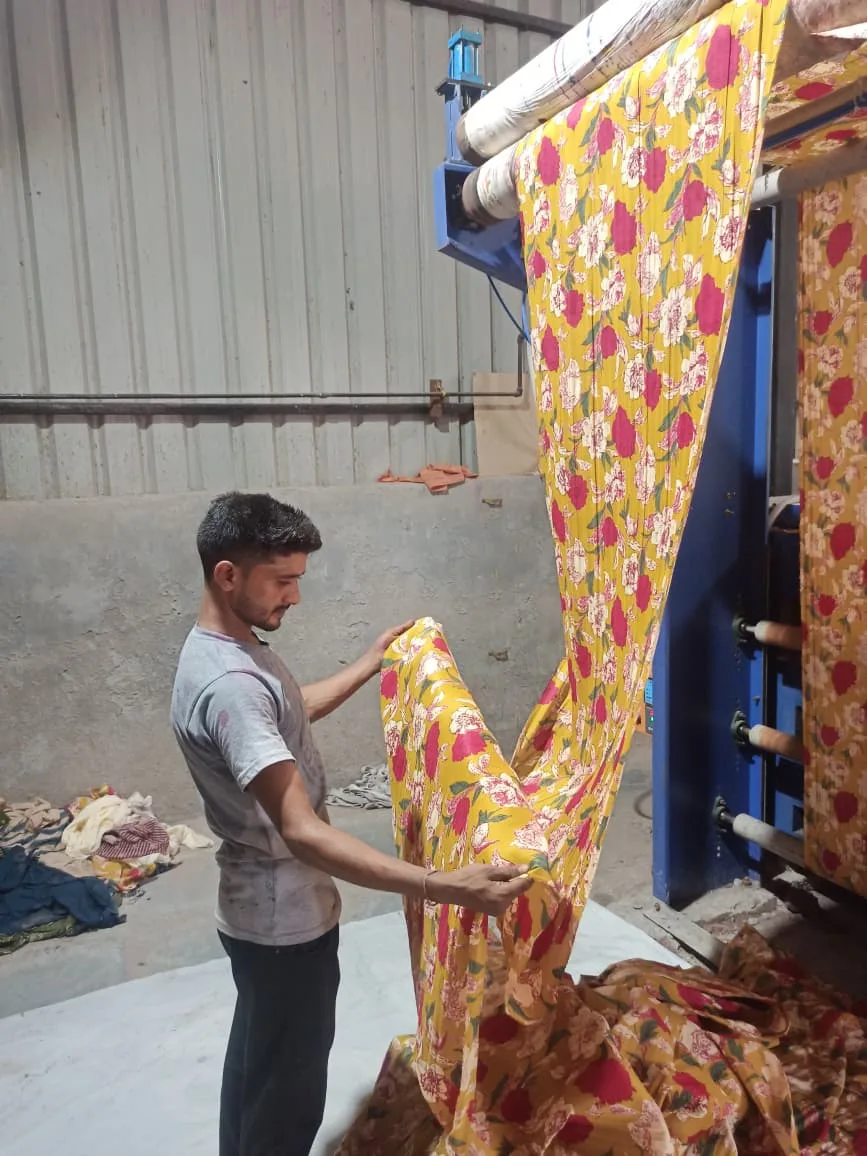 Golden Sanganeri floral print fabric detail